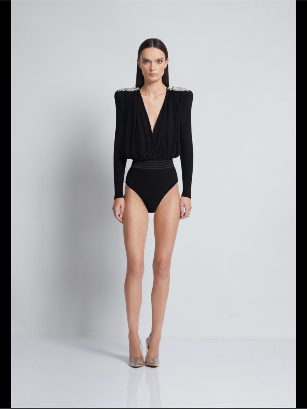 Zhivago Black V-Neck Draped Bodysuit with Embellished Shoulders size 6 NWT
